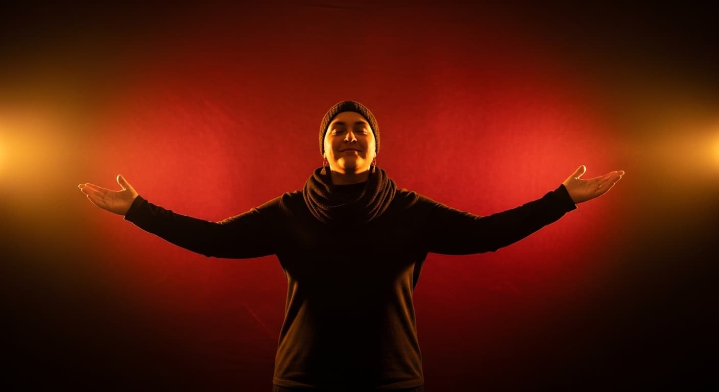 Self-acceptance journey - person at peace, embracing authentic self, warm light