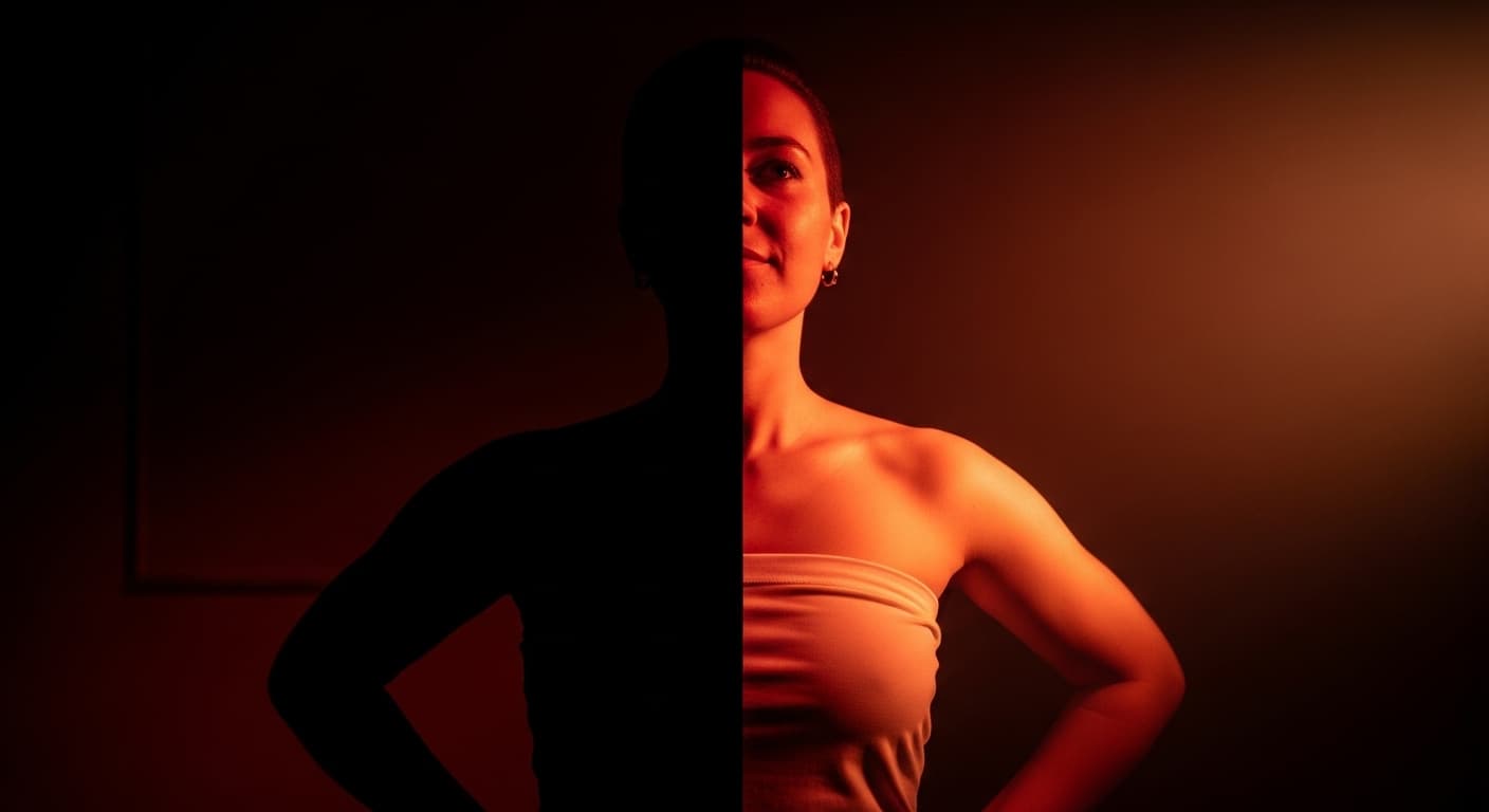 Overcoming kink shame - person embracing self-acceptance, emerging from darkness into light