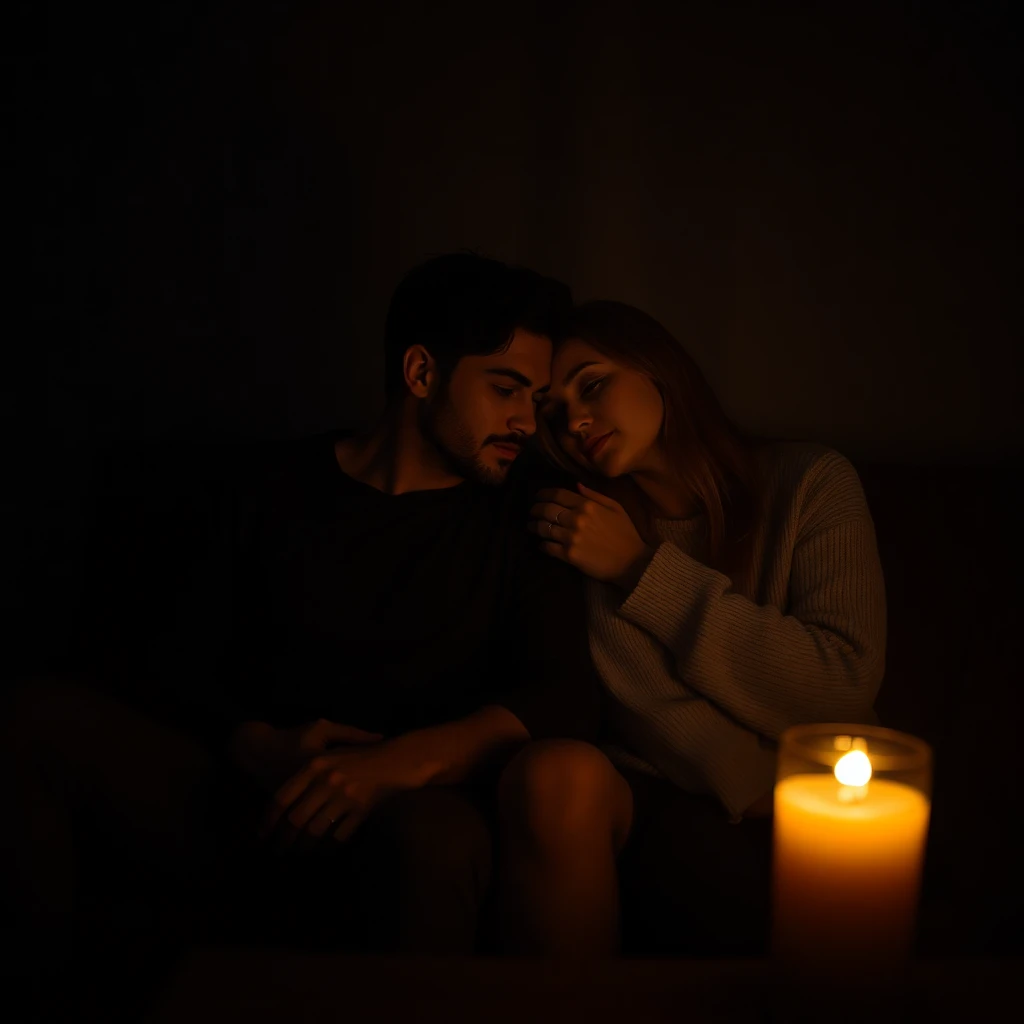 Two partners in quiet closeness after a scene — the sub offering gentle presence to the dom during aftercare