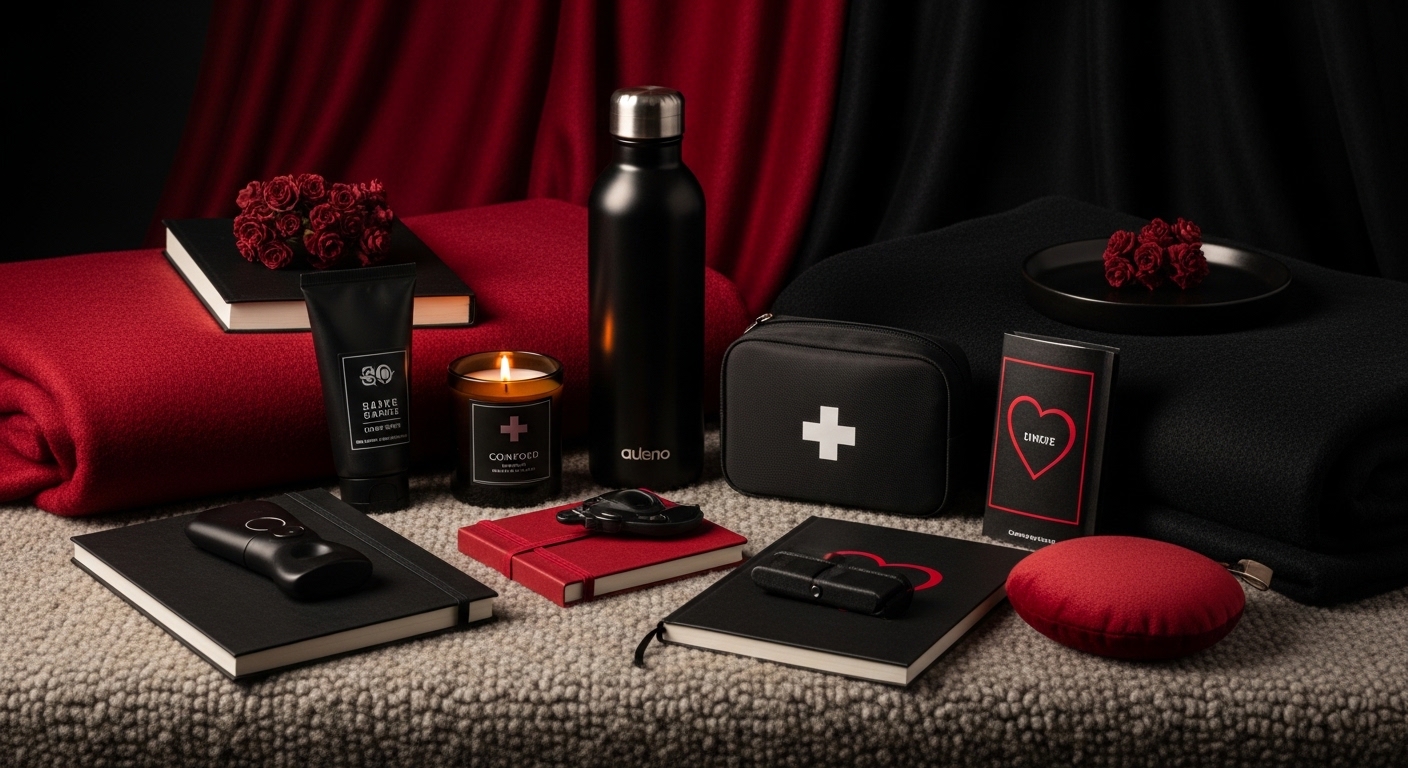 BDSM aftercare kit essentials - blankets, water, snacks, first aid supplies