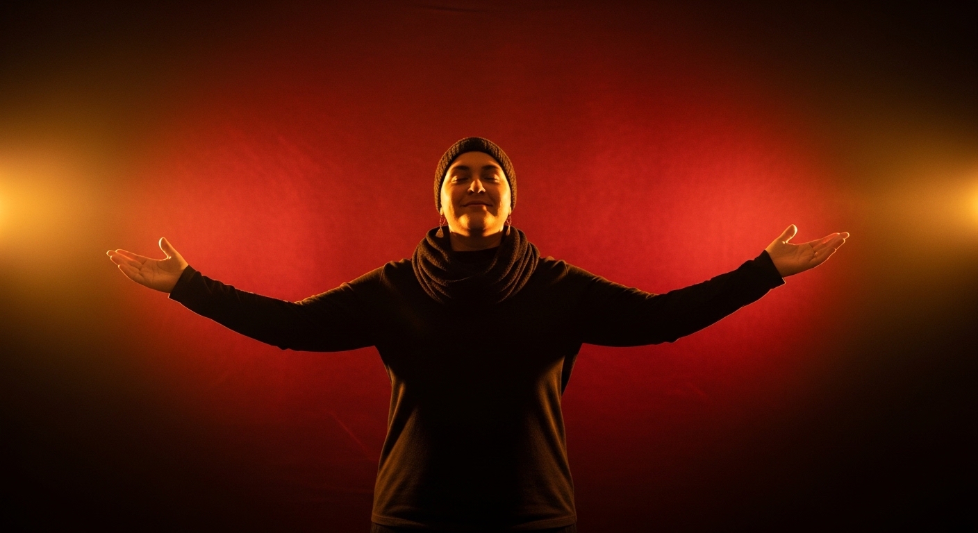 Self-acceptance journey - person at peace, embracing authentic self, warm light