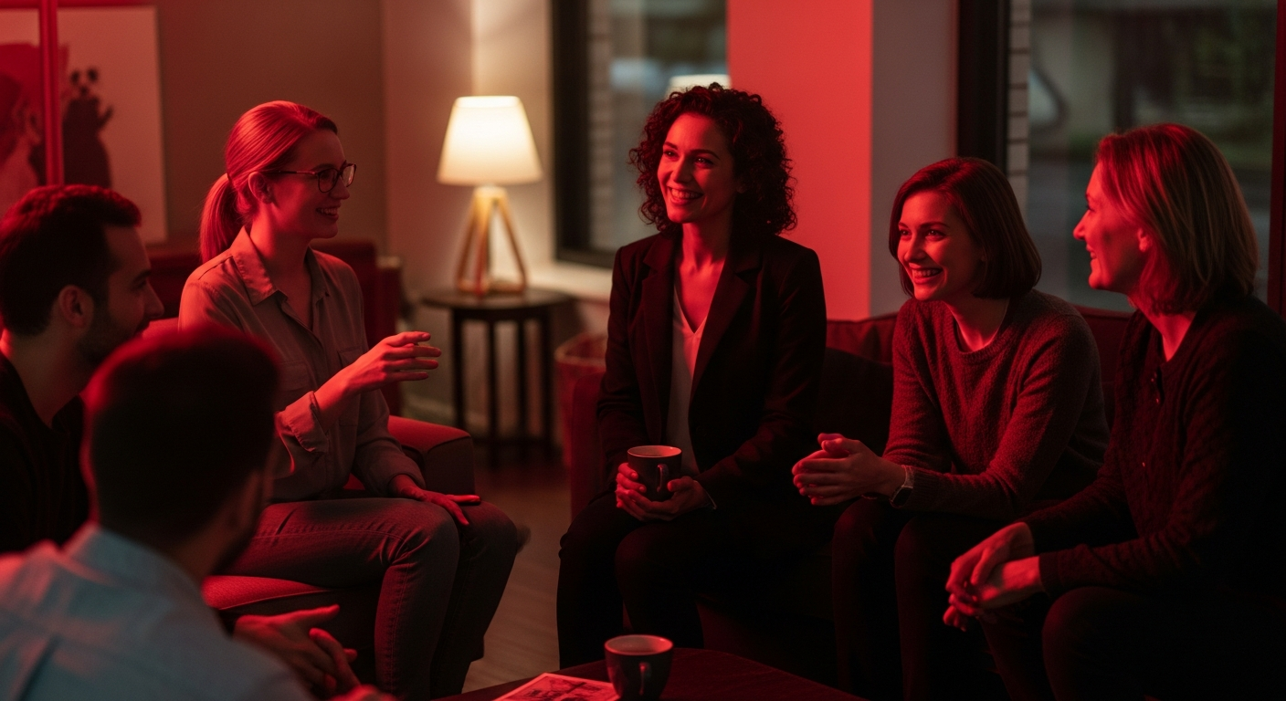 Diverse kink community gathering at a social event