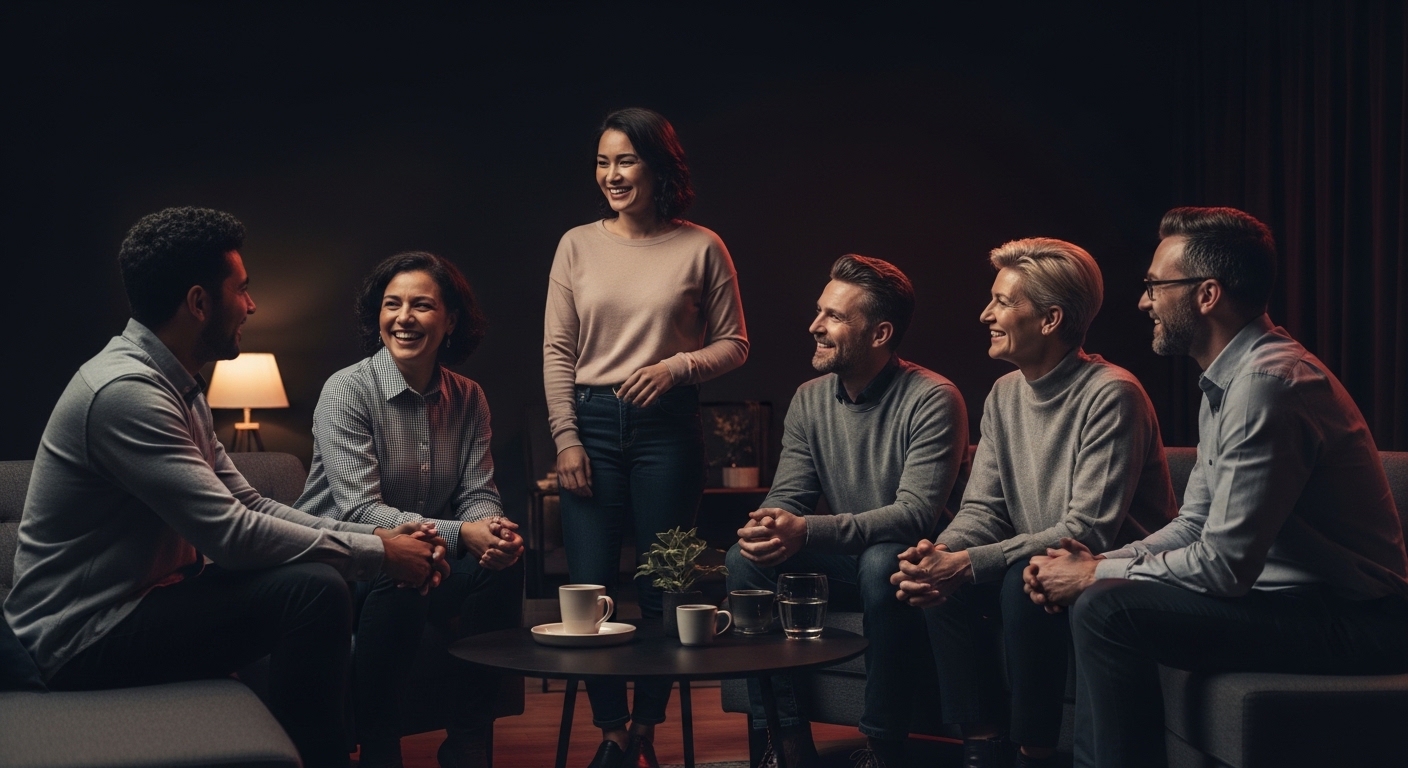 A diverse group of people at a welcoming community gathering, representing the inclusive nature of the kinkster community