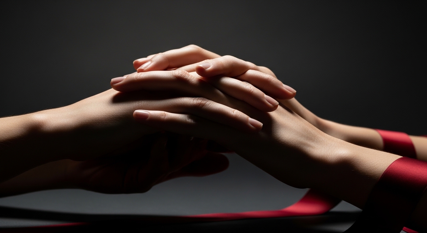 Two hands gently touching with visible trust and connection, representing the intimate trust-building in kink relationships